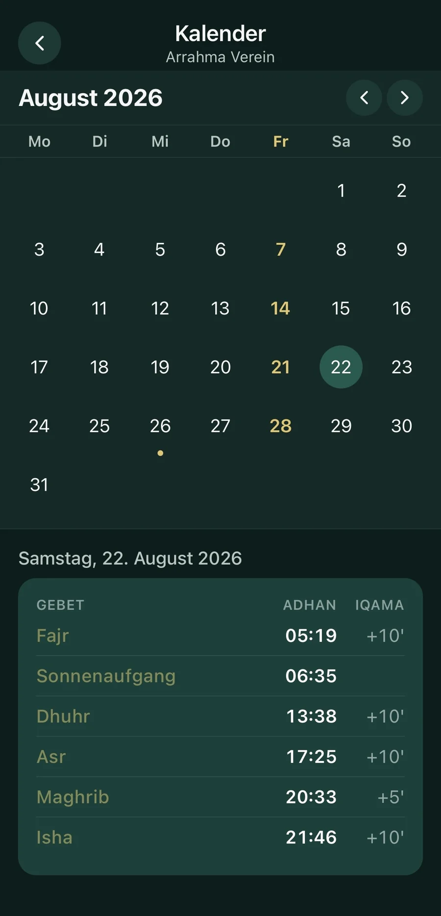 Gebetszeiten im Monatskalender
