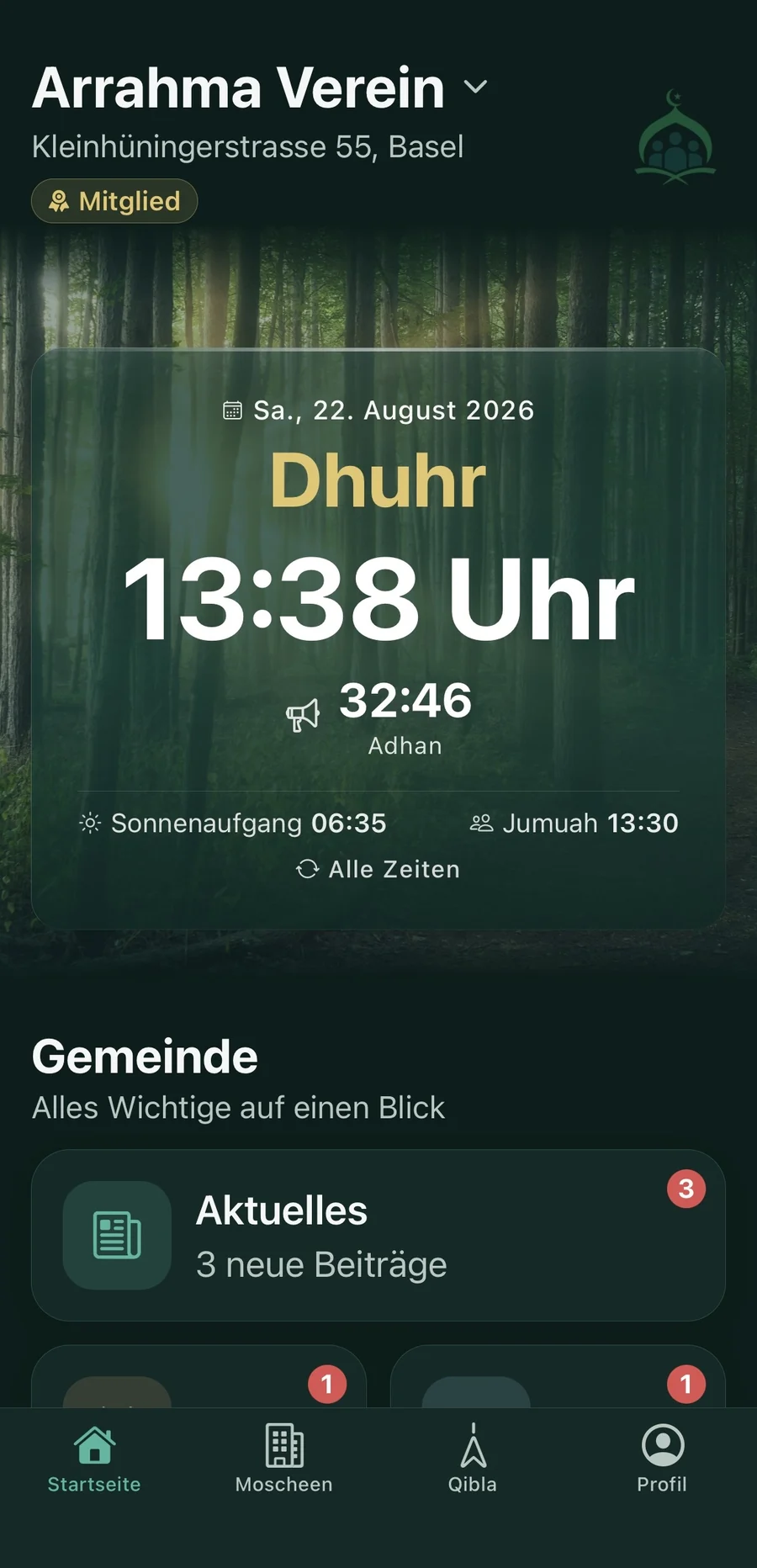 Manara: Startseite mit den Gebetszeiten der Moschee