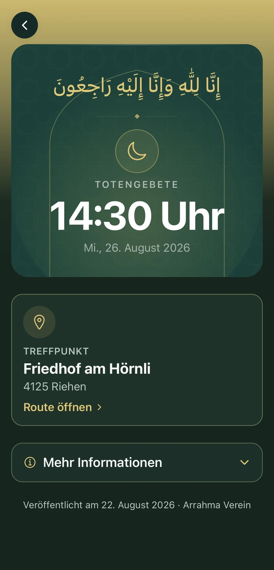 Totengebet mit Zeit, Treffpunkt und Route
